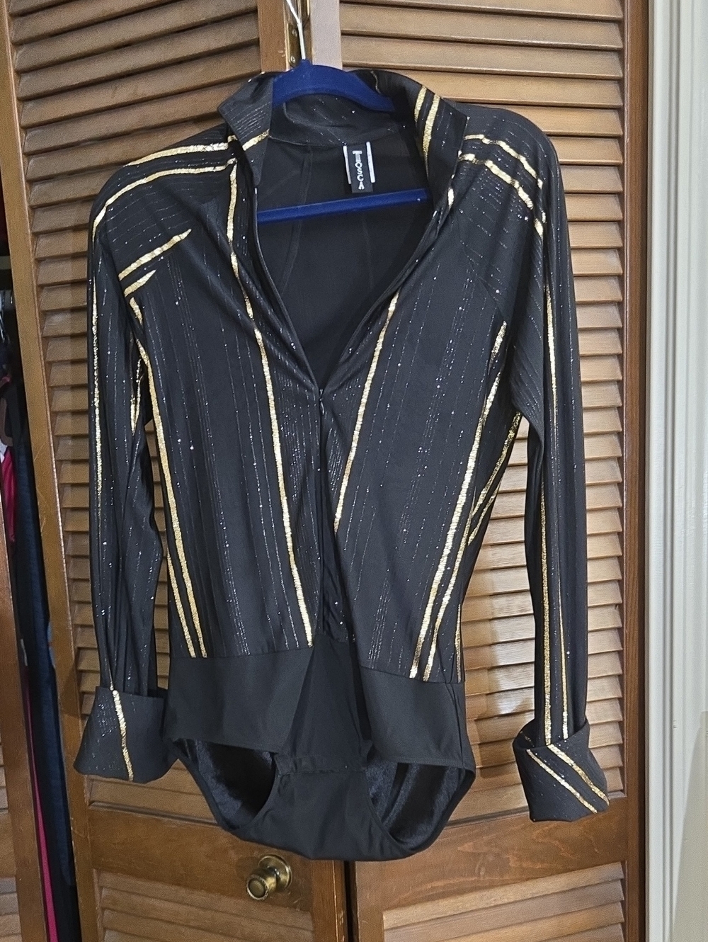 Mens Latin Dance Bodysuit Metallic Stripe Black & Gold Long-Sleeve Like New